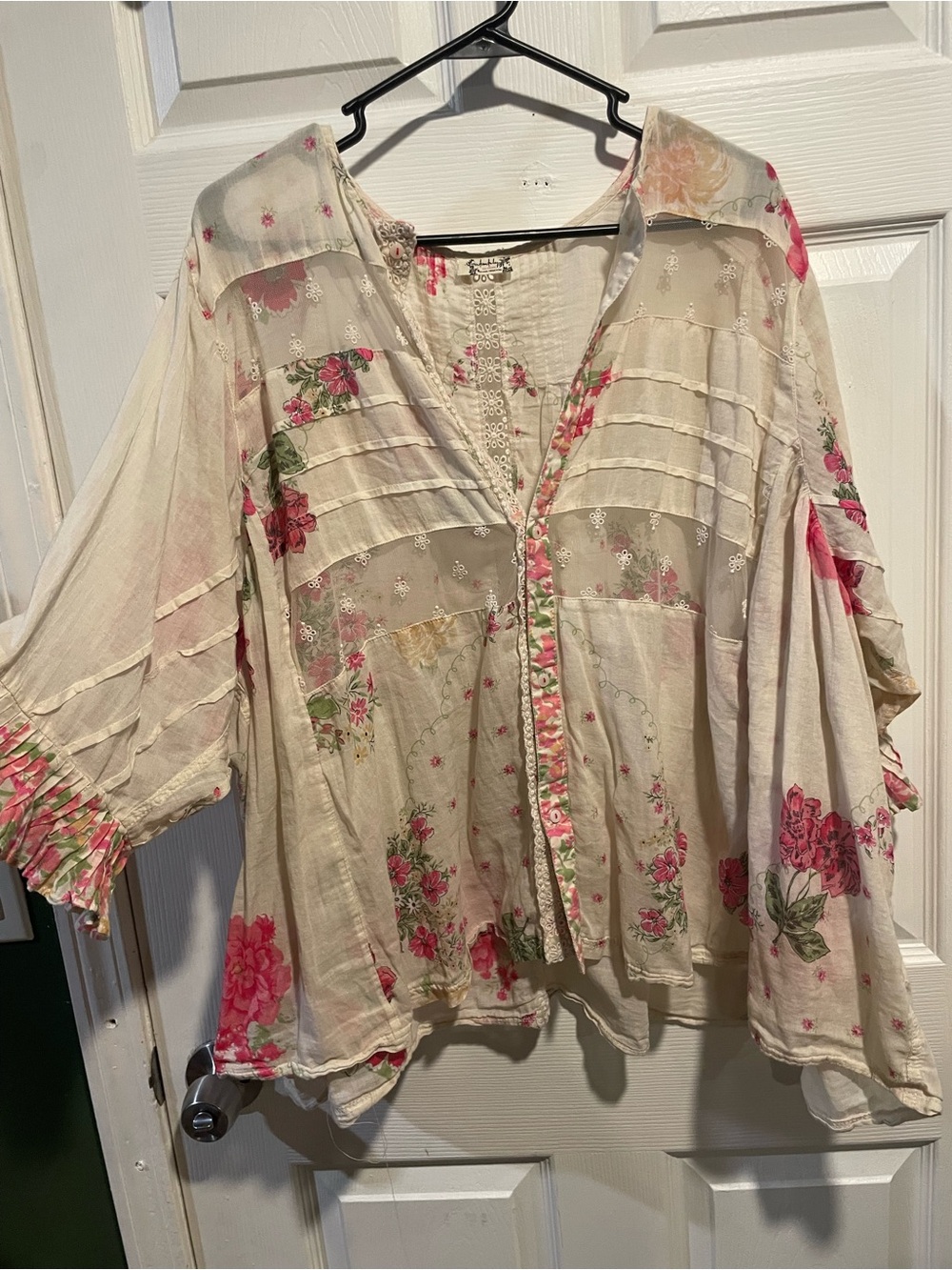 Free People Cream Floral Button-Front Peasant Top with Pink Roses